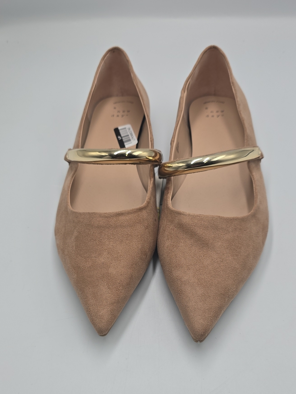 a new day Pointed-Toe Suede Mary Jane Flats with Gold Strap - Taupe